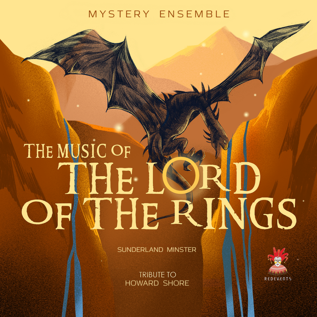 Dragon in front o mountains. Text advertising a concert of music of the Lord of the Rings